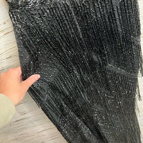 Fully beaded Evening gown black fringe NWT bridal size 12 - Picture 4 of 10